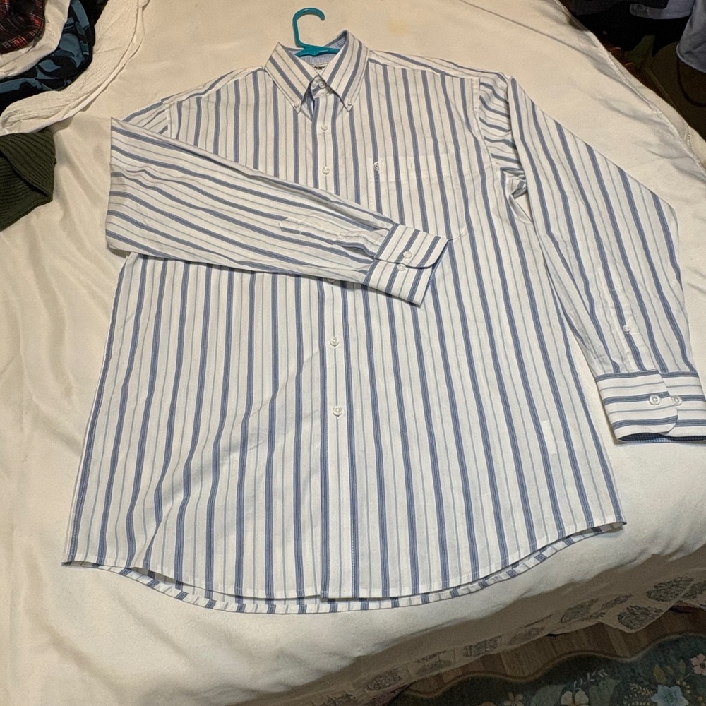 Wrangler George Strait Mens Medium Blue White Striped Western Button Down Shirt